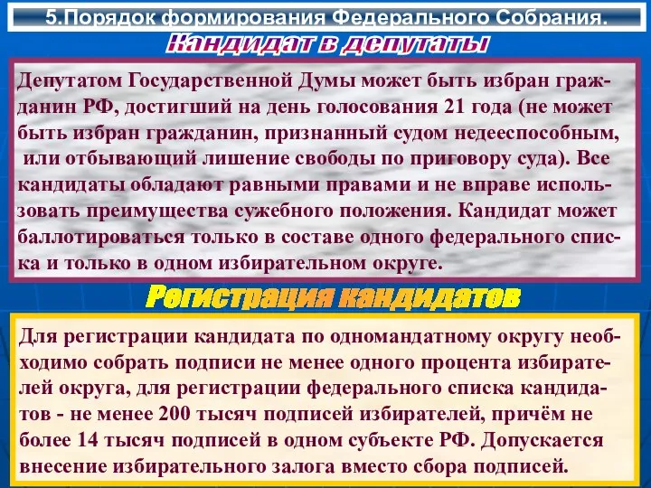 5.Порядок формирования Федерального Собрания. Кандидат в депутаты Депутатом Государственной Думы