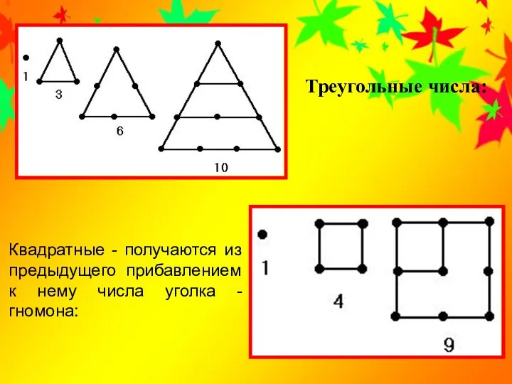 Квадратные - получаются из предыдущего прибавлением к нему числа уголка - гномона: Треугольные числа: