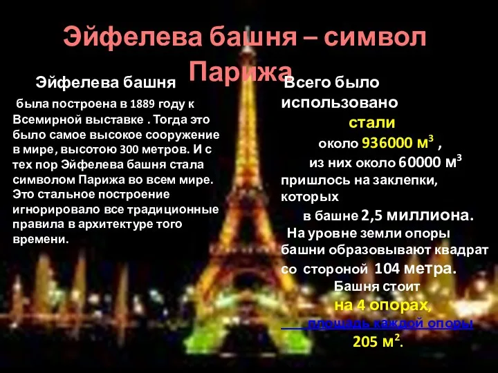 Эйфелева башня – символ Парижа Эйфелева башня была построена в