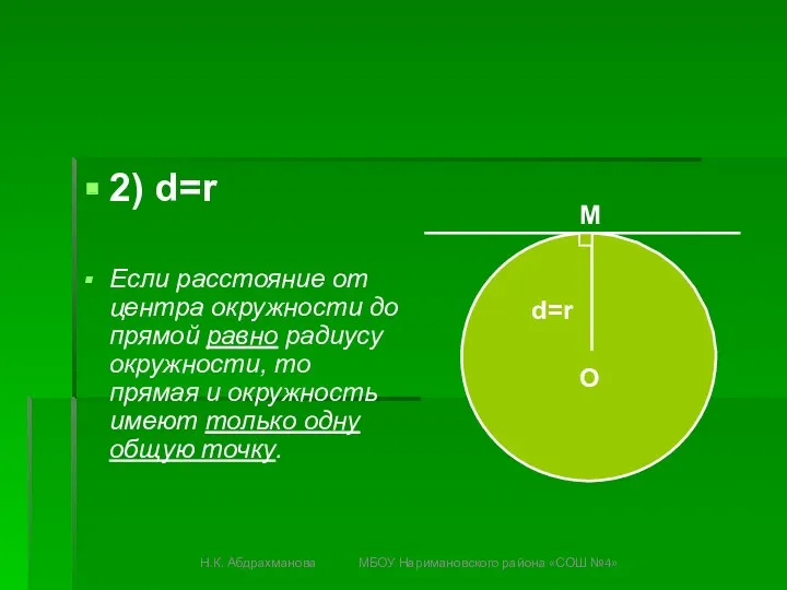 2) d=r Если расстояние от центра окружности до прямой равно радиусу окружности, то