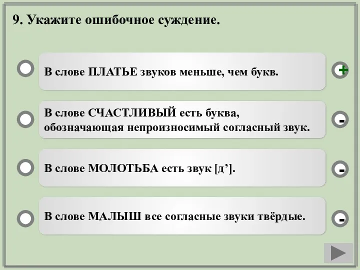 9. Укажите ошибочное суждение. В слове ПЛАТЬЕ звуков меньше, чем