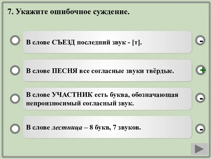 7. Укажите ошибочное суждение. В слове СЪЕЗД последний звук -