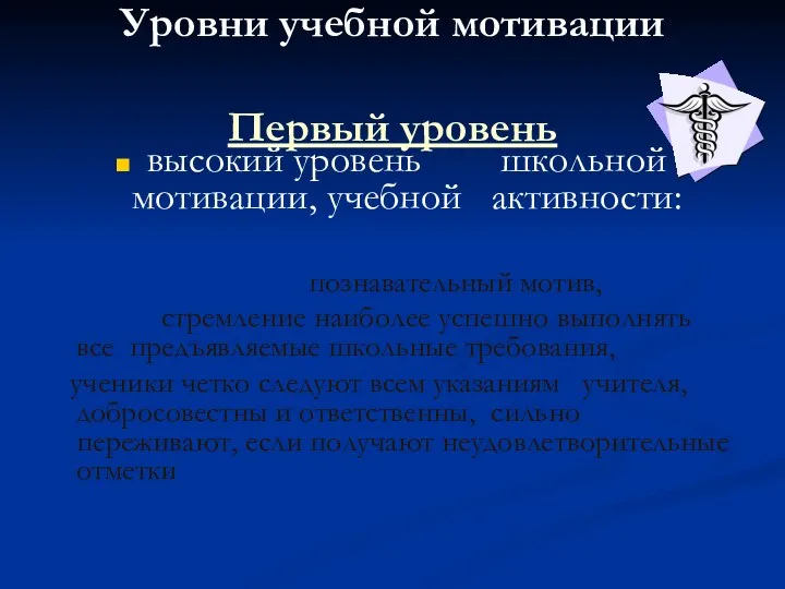 Уровни учебной мотивации Первый уровень высокий уровень школьной мотивации, учебной