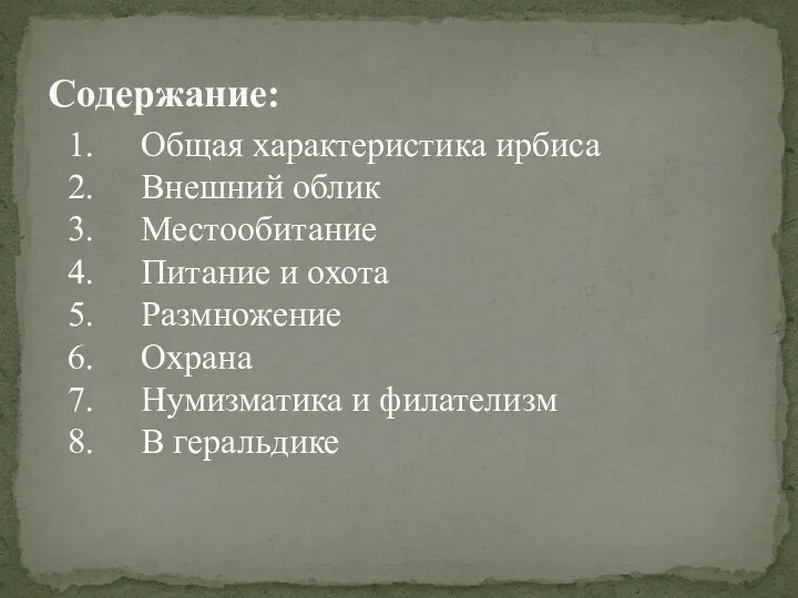 Содержание: Общая характеристика ирбиса Внешний облик Местообитание Питание и охота