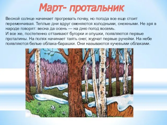 Март- протальник Весной солнце начинает прогревать почву, но погода все