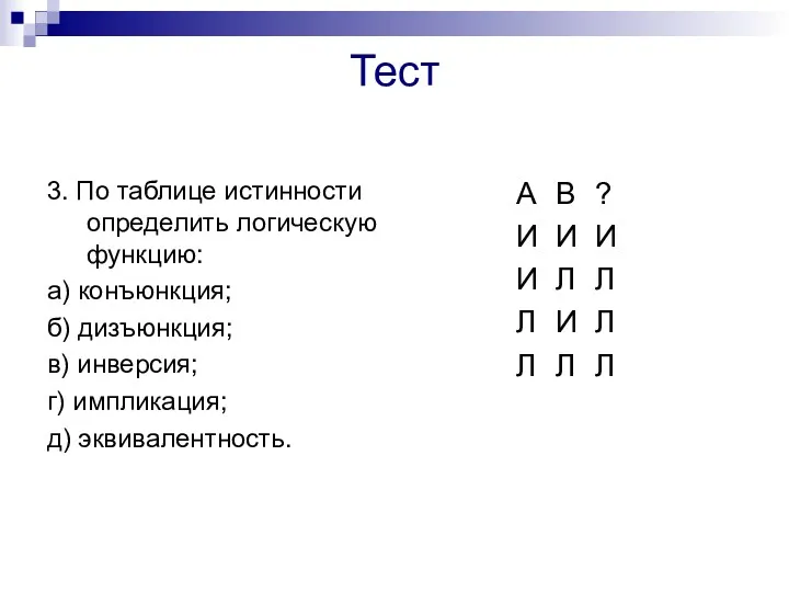 Тест 3. По таблице истинности определить логическую функцию: а) конъюнкция;