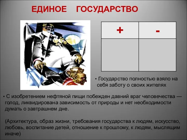 ЕДИНОЕ ГОСУДАРСТВО Государство полностью взяло на себя заботу о своих