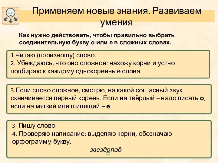 Применяем новые знания. Развиваем умения Как нужно действовать, чтобы правильно выбрать соединительную букву