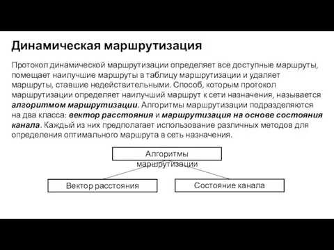 Динамическая маршрутизация Протокол динамической маршрутизации определяет все доступные маршруты, помещает