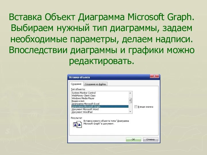 Вставка Объект Диаграмма Microsoft Graph. Выбираем нужный тип диаграммы, задаем