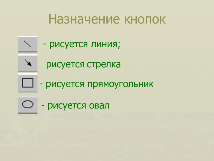 Назначение кнопок - рисуется линия; - рисуется стрелка - рисуется прямоугольник - рисуется овал