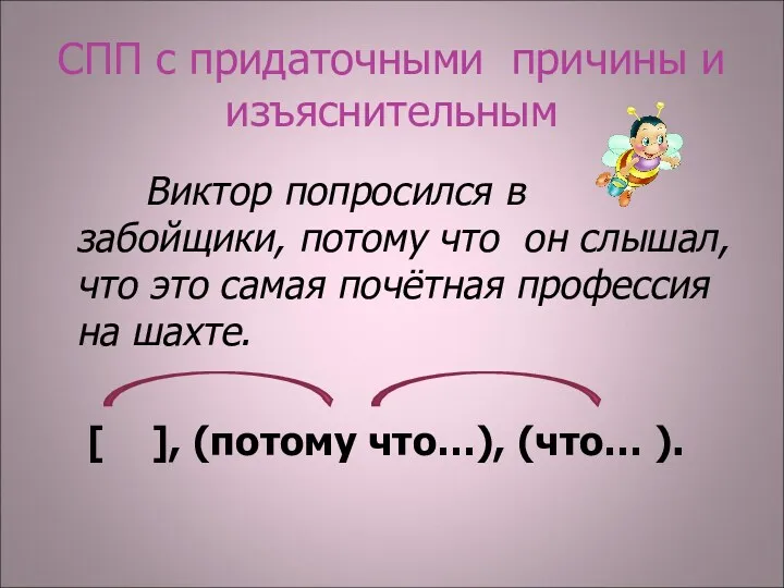 СПП с придаточными причины и изъяснительным Виктор попросился в забойщики, потому что он