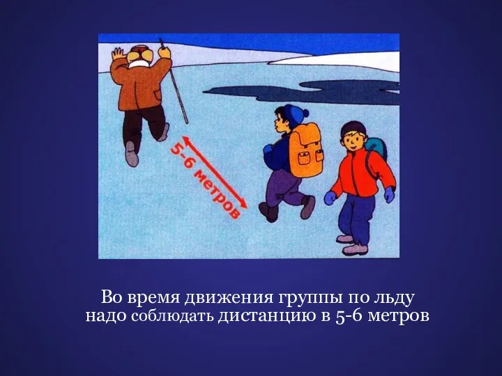 Во время движения группы по льду надо соблюдать дистанцию в 5-6 метров