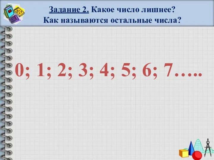 Задание 2. Какое число лишнее? Как называются остальные числа? 0;