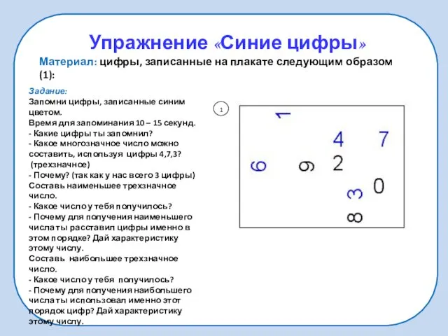 Упражнение «Синие цифры» Задание: Запомни цифры, записанные синим цветом. Время