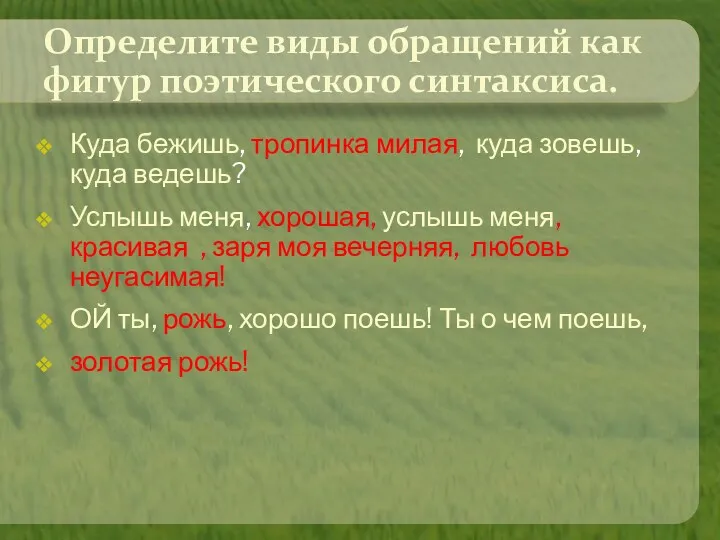 Определите виды обращений как фигур поэтического синтаксиса. Куда бежишь, тропинка милая, куда зовешь,