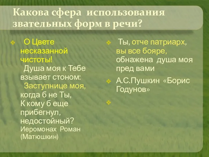 Какова сфера использования звательных форм в речи? О Цвете несказанной чистоты! Душа моя