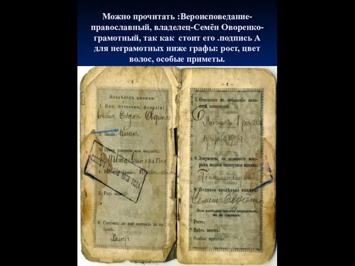 Можно прочитать :Вероисповедание-православный, владелец-Семён Оворенко-грамотный, так как стоит его .подпись А для неграмотных