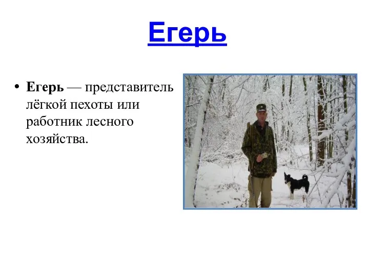 Егерь Егерь — представитель лёгкой пехоты или работник лесного хозяйства.