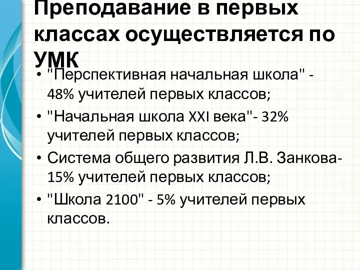 Преподавание в первых классах осуществляется по УМК "Перспективная начальная школа"