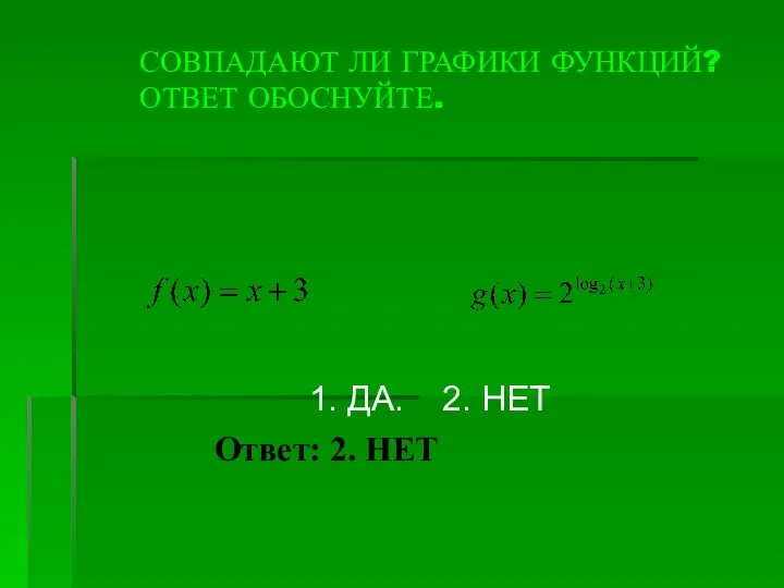 СОВПАДАЮТ ЛИ ГРАФИКИ ФУНКЦИЙ? ОТВЕТ ОБОСНУЙТЕ. 1. ДА. 2. НЕТ Ответ: 2. НЕТ