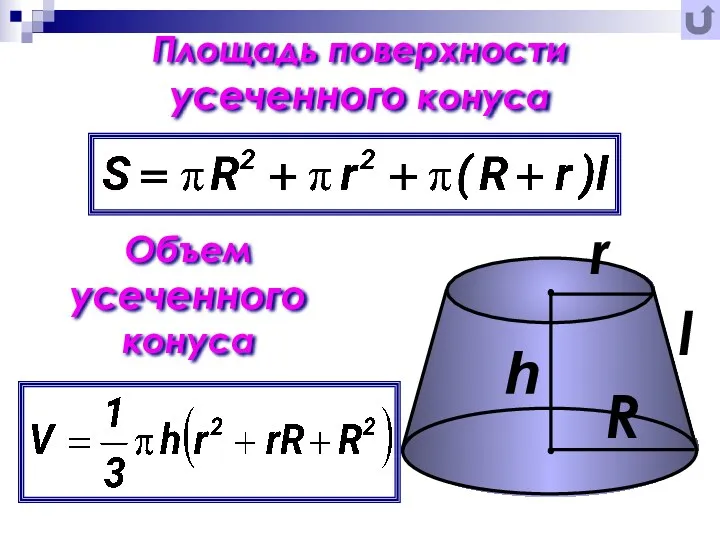 Площадь поверхности усеченного конуса Объем усеченного конуса
