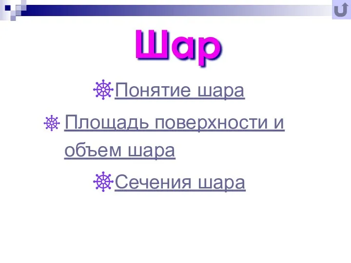 Шар Понятие шара Площадь поверхности и объем шара Сечения шара