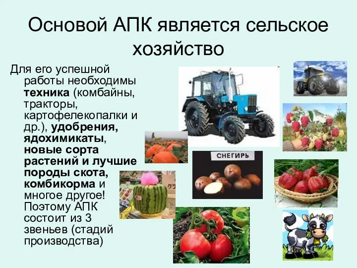 Основой АПК является сельское хозяйство Для его успешной работы необходимы техника (комбайны, тракторы,
