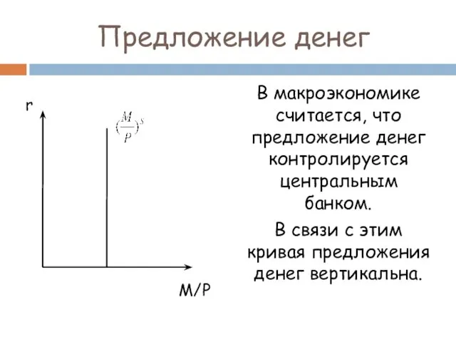 Предложение денег В макроэкономике считается, что предложение денег контролируется центральным