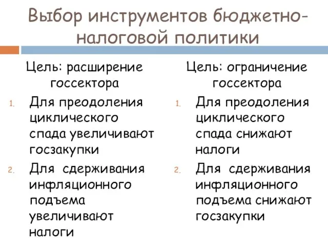 Выбор инструментов бюджетно-налоговой политики Цель: расширение госсектора Для преодоления циклического