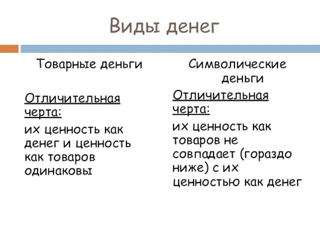 Виды денег Товарные деньги Отличительная черта: их ценность как денег