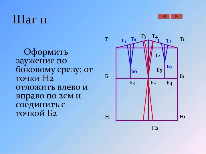 Шаг 11 Оформить заужение по боковому срезу: от точки Н2