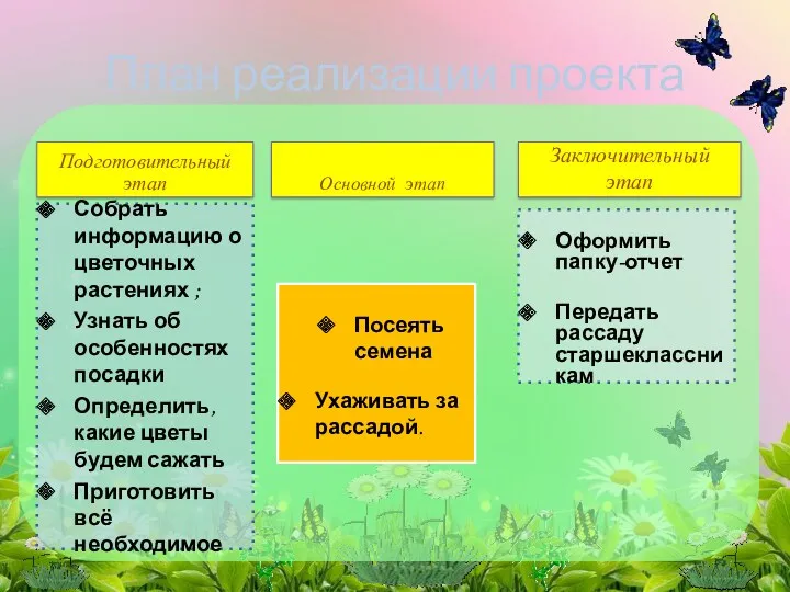 План реализации проекта Подготовительный этап Собрать информацию о цветочных растениях