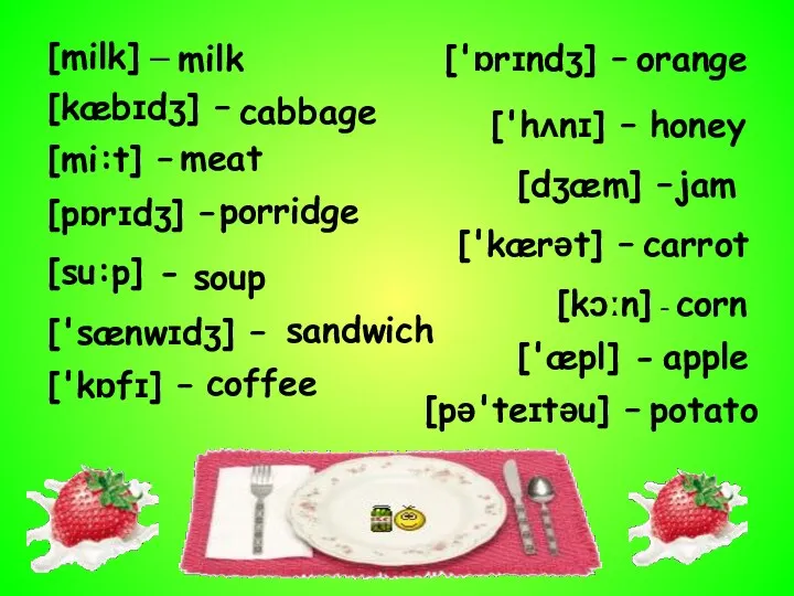 [milk] – milk [kæbɪdʒ] – cabbage [mi:t] – meat [pɒrɪdʒ]