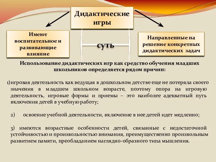 Использование дидактических игр как средство обучения младших школьников определяется рядом