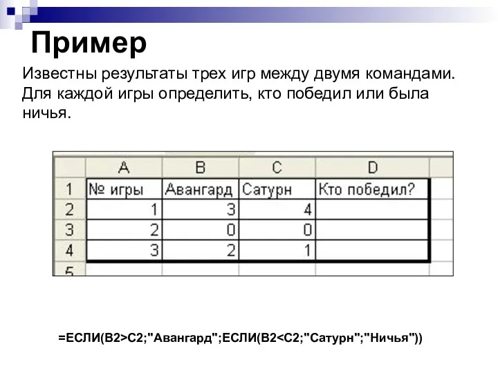 Пример Известны результаты трех игр между двумя командами. Для каждой