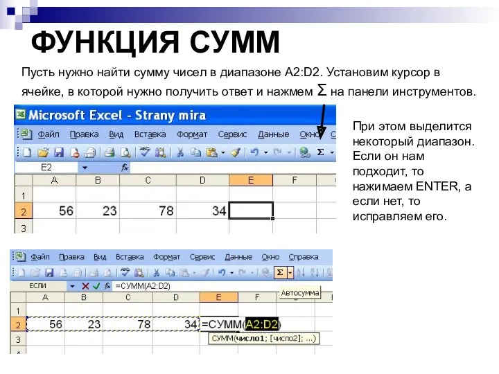 ФУНКЦИЯ СУММ Пусть нужно найти сумму чисел в диапазоне А2:D2.