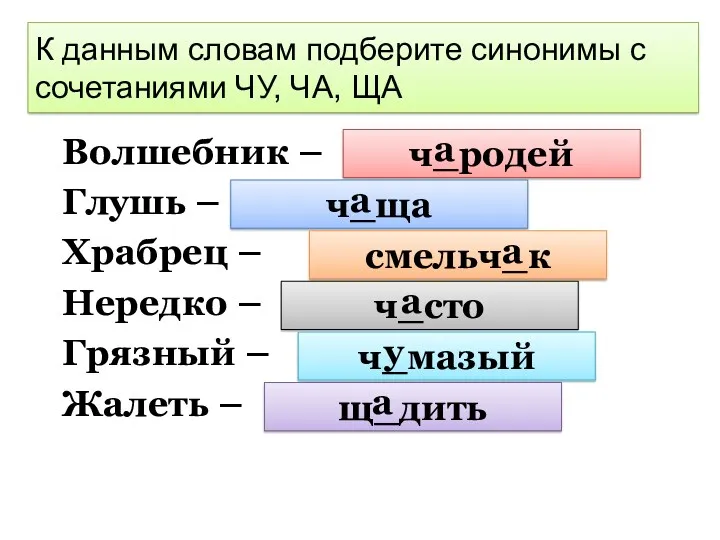 К данным словам подберите синонимы с сочетаниями ЧУ, ЧА, ЩА