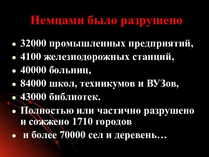 Немцами было разрушено 32000 промышленных предприятий, 4100 железнодорожных станций, 40000