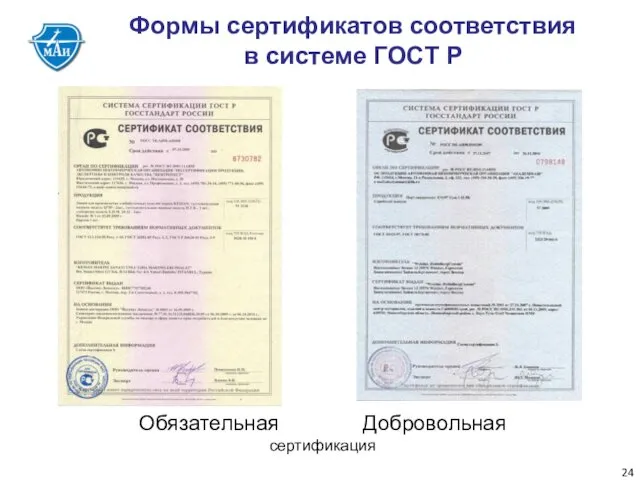 Формы сертификатов соответствия в системе ГОСТ Р Обязательная Добровольная сертификация
