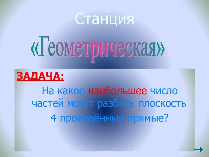 Станция ЗАДАЧА: На какое наибольшее число частей могут разбить плоскость 4 проведённые прямые? «Геометрическая»