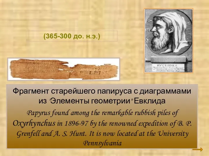 Евклид Фрагмент старейшего папируса с диаграммами из "Элементы геометрии" Евклида Papyrus found among