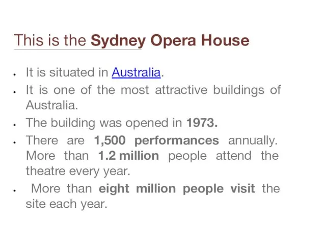 This is the Sydney Opera House It is situated in Australia. It is