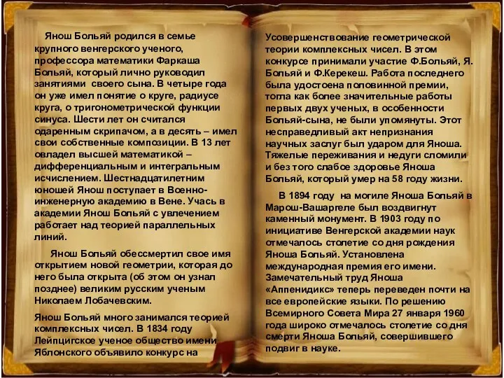 Янош Больяй родился в семье крупного венгерского ученого, профессора математики