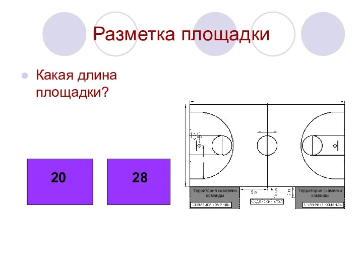 Разметка площадки Какая длина площадки? 20 28 20 28