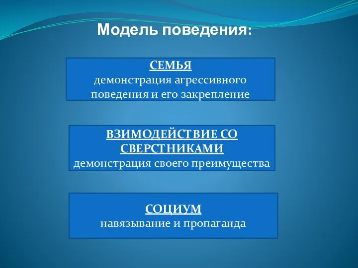 Модель поведения: СЕМЬЯ демонстрация агрессивного поведения и его закрепление ВЗИМОДЕЙСТВИЕ