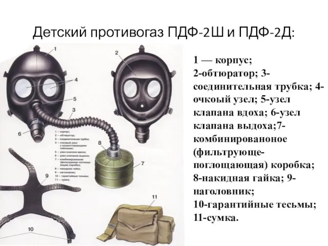 Детский противогаз ПДФ-2Ш и ПДФ-2Д: 1 — корпус; 2-обтюратор; 3-соединительная