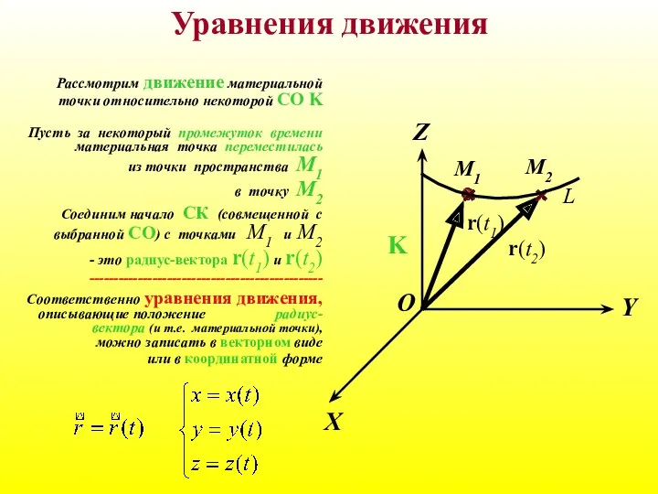 Уравнения движения Рассмотрим движение материальной точки относительно некоторой СО K Пусть за некоторый