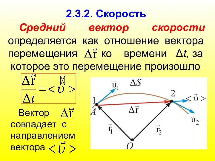 2.3.2. Скорость Средний вектор скорости определяется как отношение вектора перемещения ко времени Δt,
