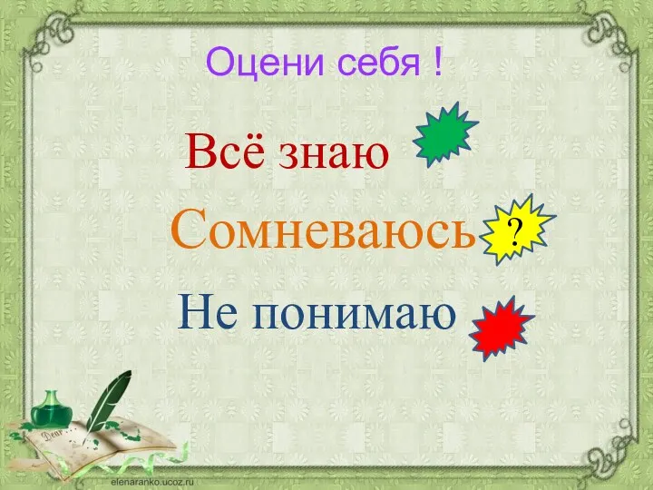 Оцени себя ! Всё знаю Сомневаюсь Не понимаю ?